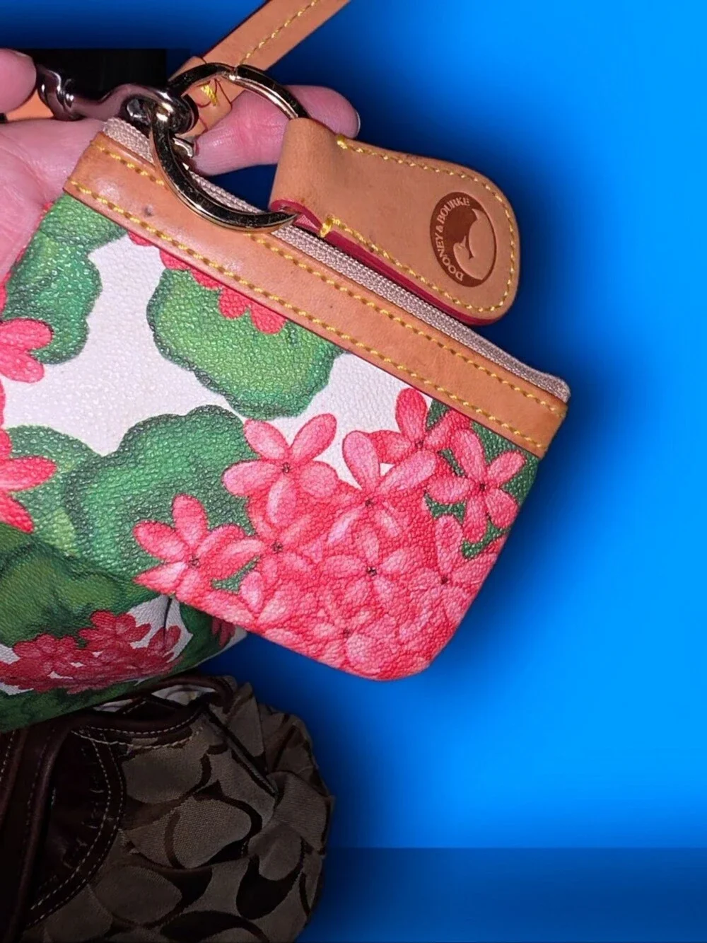 Dooney & Bourke Pink Floral Satchel Tan Leather Trim + Coin Purse & Keychain